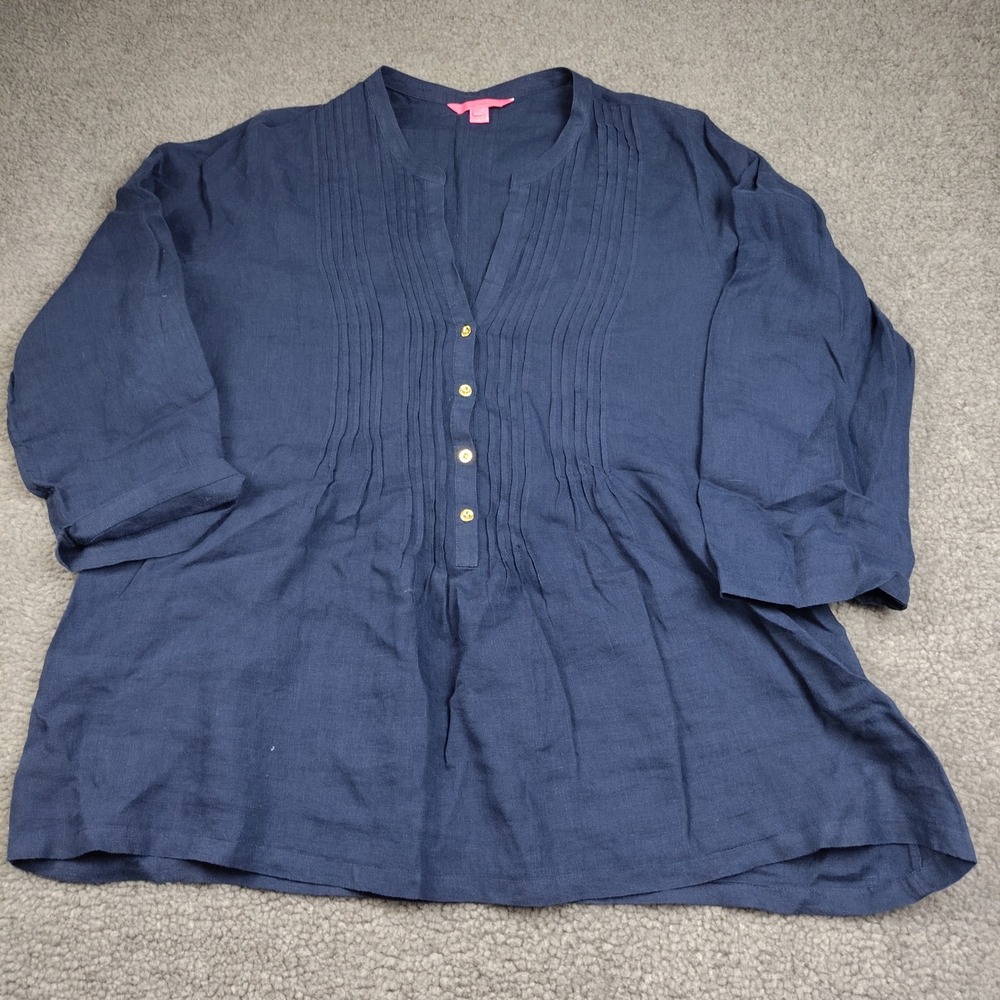 Lilly Pulitzer Linen Button Up Shirt Sz XL Pintuck Navy Blue Travel Resort EUC